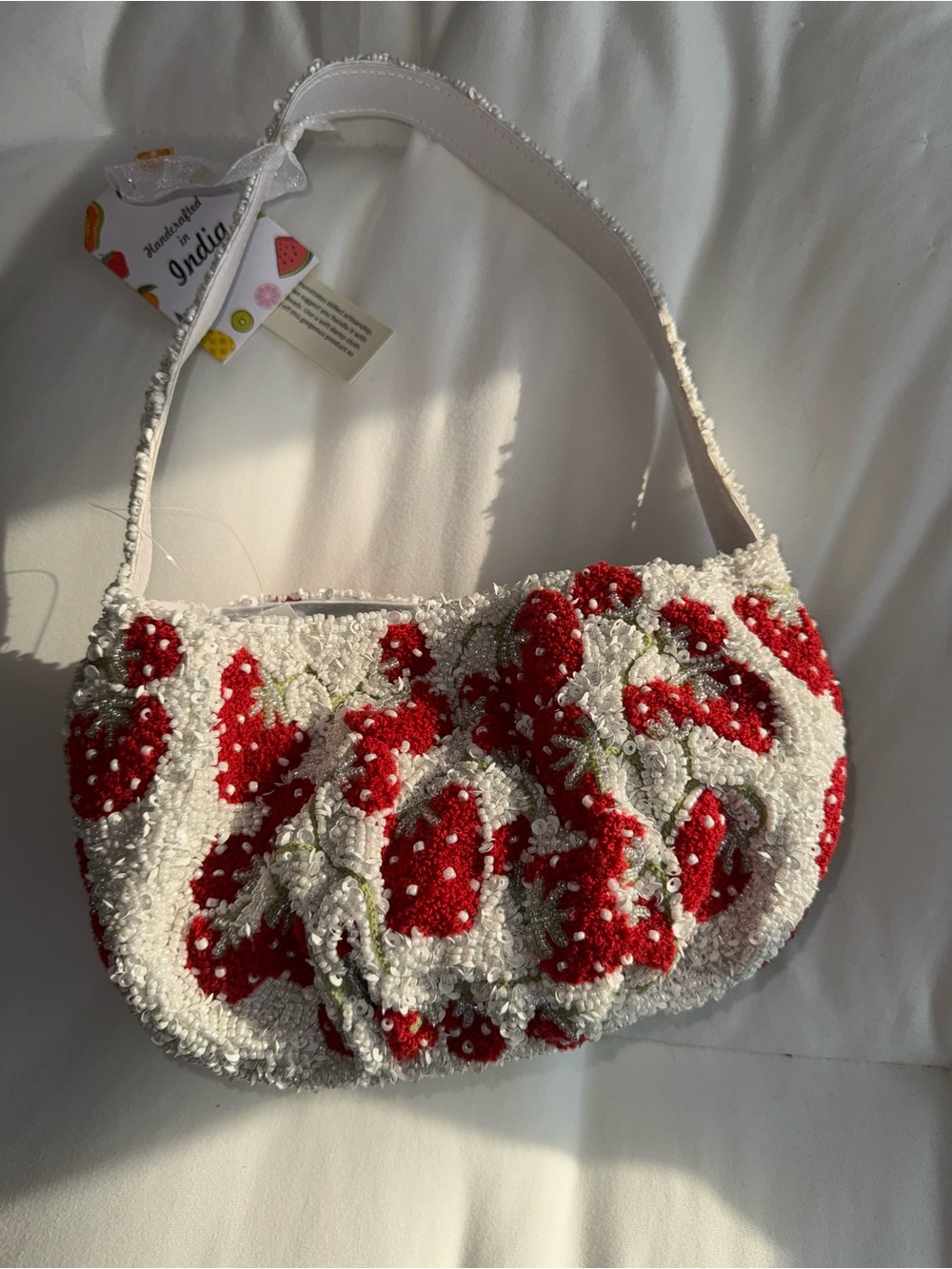 Strawberry Beaded Shoulder Bag Handmade in India New With Tags